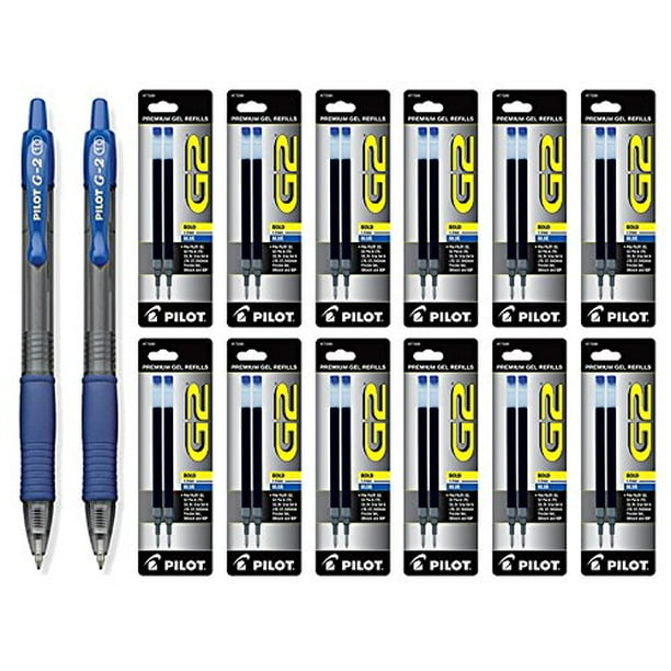 Pilot G2 Retractable Premium Gel Ink Roller Ball Bold, Blue 2 Pens & 24 Refills