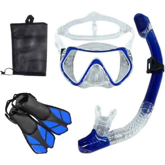Mask, fins, snorkel set, including adult snorkeling equipment, panoramic diving mask, Trek fins, dry snorkel   travel bag