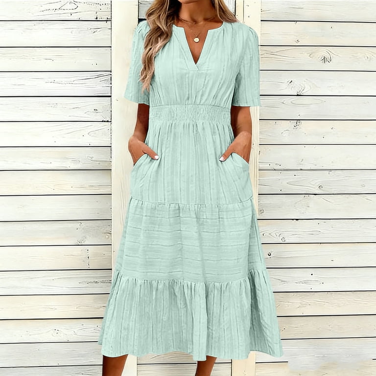 LIaqionyy Women Midi Dresses Casual Short Sleeve V Neck Elastic Waist Flowy Vacation Dress Summer Sundress with Pocket