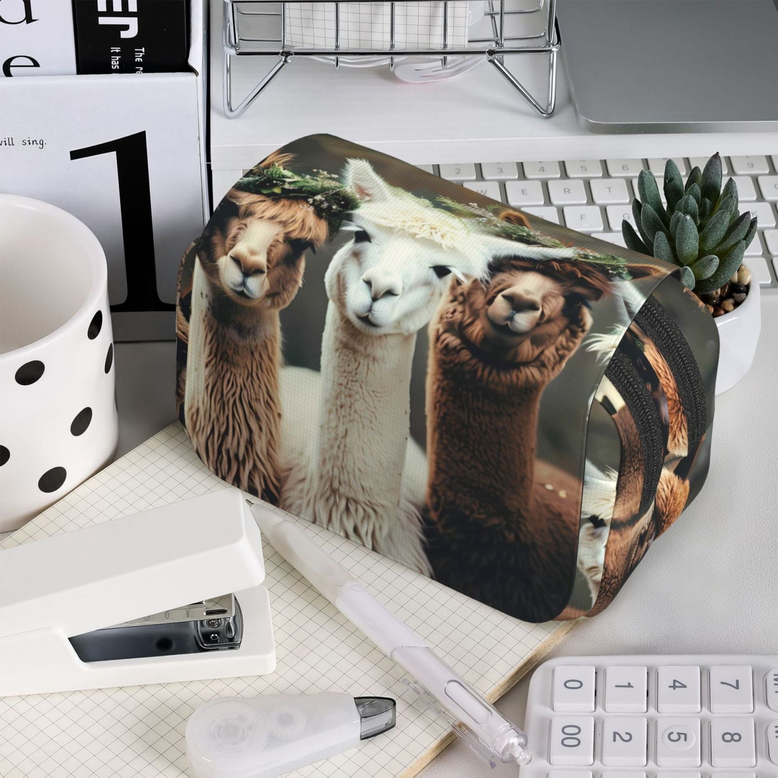 Large-Capacity Flip-Top Double-Layer Pencil Case, Multi-Functional Pocket Pen Case, Durable Stationery Organizer Cute Llamas Alpacas Mysticism (2)