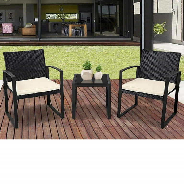 Suncrown Outdoor Furniture 3 Piece Patio Bistro Set Black Wicker Chairs And Glass Top Coffee Table Beige White Cushion Com - Black And White Woven Patio Chairs