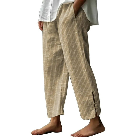 Plus Size Pants for Women New Womens Straight Leg Pant High Waisted Striped Trousers Casual Loose Fitted Side Slit Pants with Pockets Khaki XXL