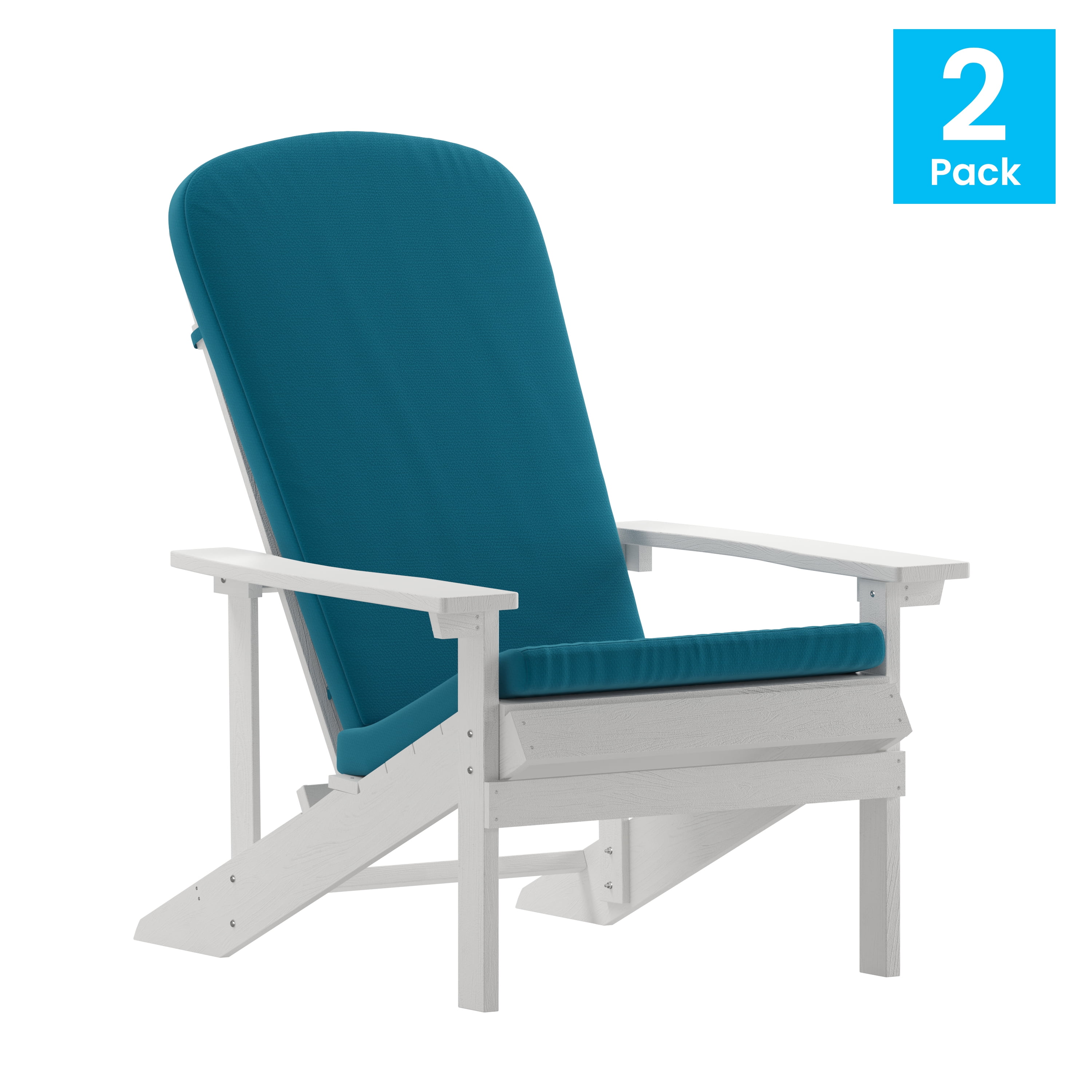 BizChair Set of 2 All-Weather Poly Resin Wood Adirondack Chairs in White with Teal Cushions for Deck, Porch, and Patio