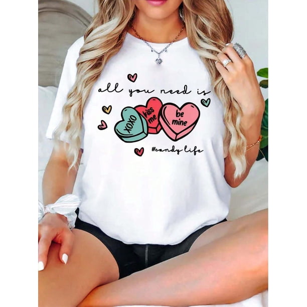 Valentine's Day Theme Printed Women's T-Shirt, Women's Valentine's Day Gift Casual, Fashionable, ComCamisetas para mujer, lindas camisetas con estampado gráfico, de manga corta, estilo casual, para ve