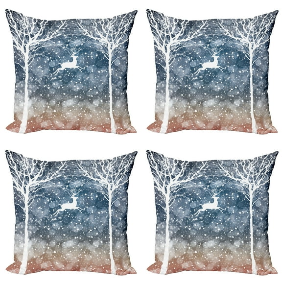 Ambesonne Christmas Throw Pillow Cover 4 Pack, Flying Deer Ombre Snow, 20", Blue and White