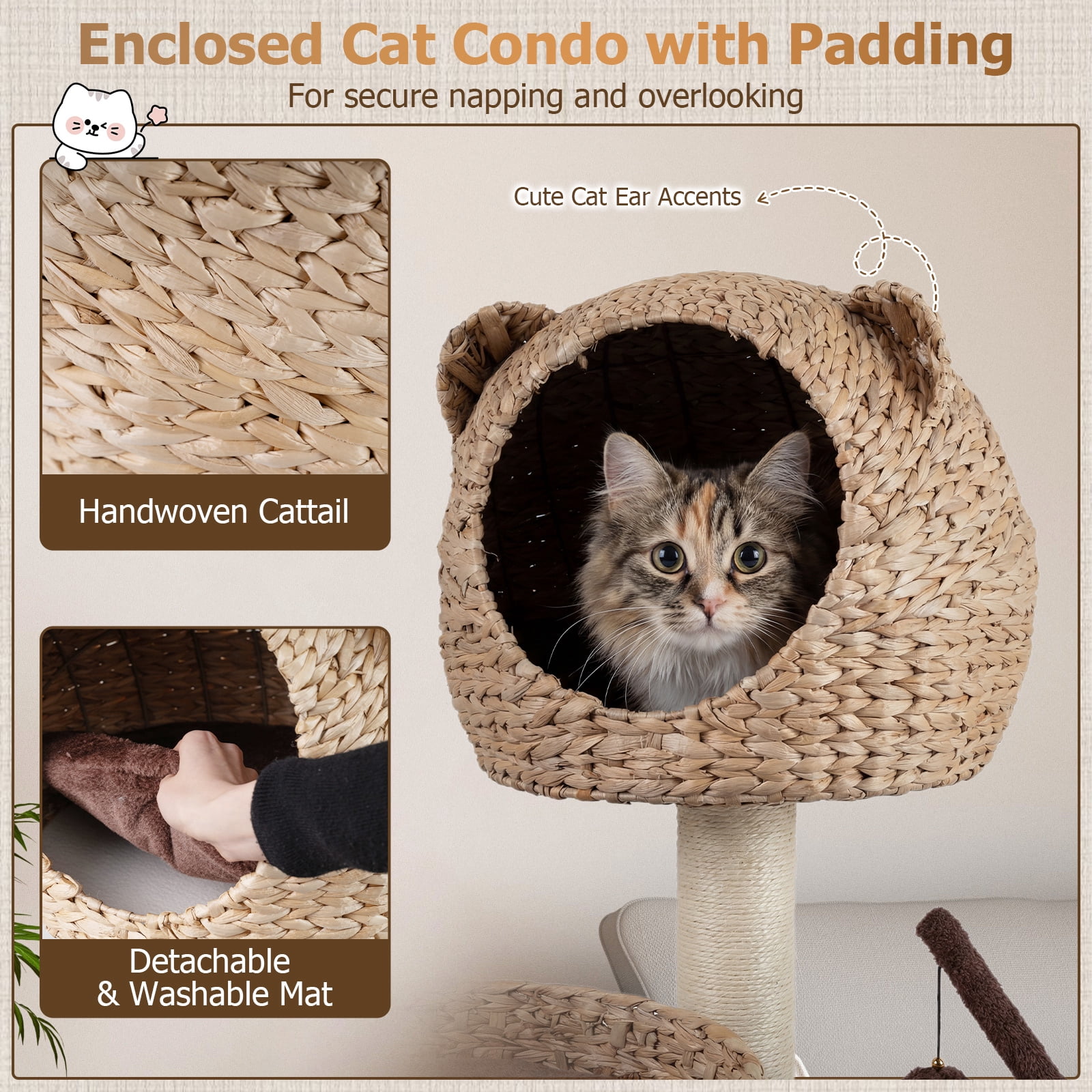 Costway Modern Cat Tree Tower with Natural Sisal Scratching Posts Hammock Balls for Kittens Brown