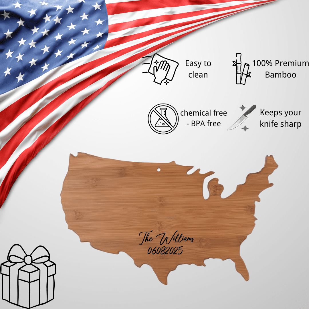 Personalized state-shaped and named date platters, carved wooden cutting boards, custom cheese boards as Mother's Day Gift, wedding, housewarming gifts (Nan bamboo American shape 18x12x0.6in)