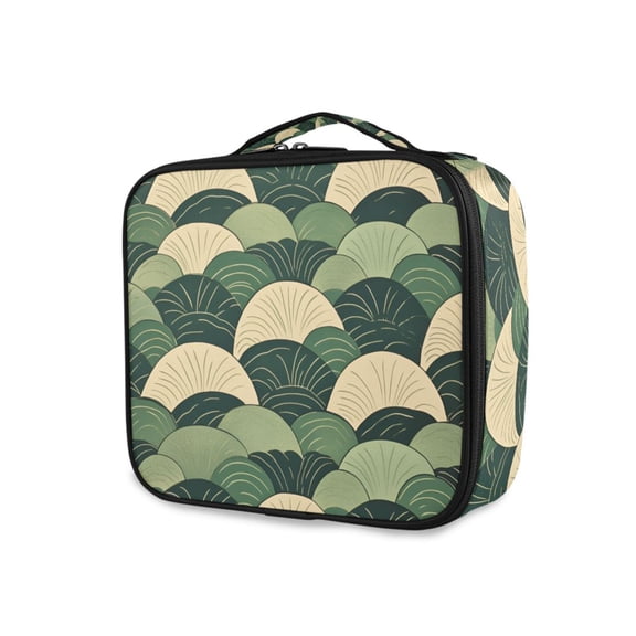 FORMRS Travel Makeup Bag Large Capacity Train Case Cosmetic Organizer with Adjustable Dividers, Green Abstract Shapes