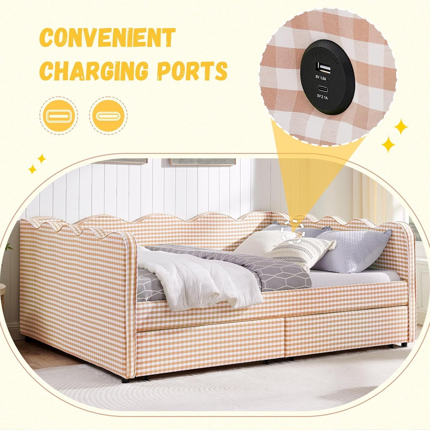 avobird Cozy Gingham Daybed with 2 Storage Drawers Queen Size Sofa Bed for Living Room, Sleeper Sofa with USB Port and Adorable Wave Shaped, Linen Fabric, Pink
