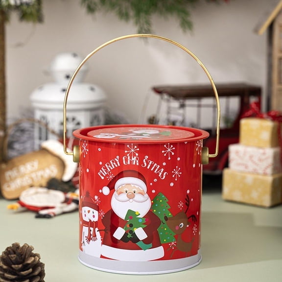 KOYPTL Metal Christmas Storage Box with Handle 8 Inch Santa Decorative Home Kitchen Candy Cookies Jar with Airtight Lid Multi-Purpose Container for Christmas Decorations Holiday Party Supplies(1pc)