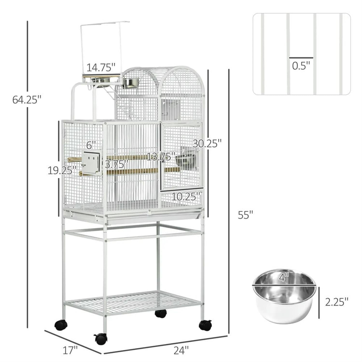 Kadyn 64" Height Large Flight Cage, Bird Cage with Rolling Stand, Hooks Above, Perch, Tray, Food Cups for Parrots Conures Lovebird Cockatiel Parakeets, White