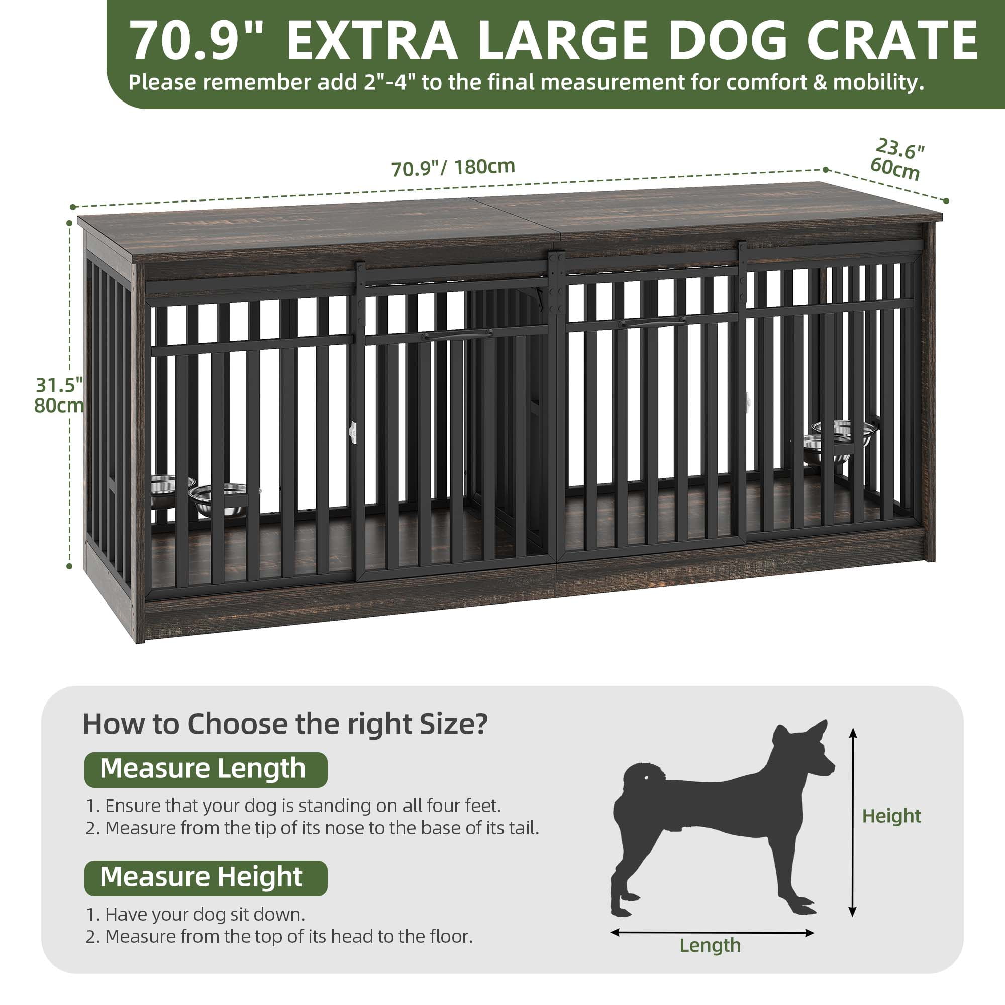 Uforic 71-Inch Farmhouse TV Stand for TVs up to 65",Heavy Duty Dog Crate Furniture with 4 Dog Bowl - Black