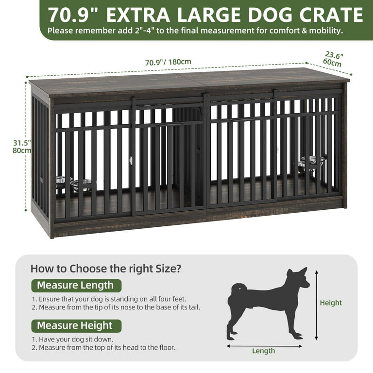 Uforic 71-Inch Heavy Duty Dog Crate Furniture with 4 Dog Bowl,Double Dog Kennel Furniture for Dog Cage Table - Black Oak