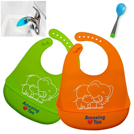 Waterproof Unisex Silicone Bib (2- pack). Stain-Resistant, Non Absorbent Food Catcher | FREE BONUS Silicone Spoon | FREE Faucet (Best Bibs For Baby Food)