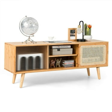 YYAo TV Stand, Television Console Table,Entertainment Center,Modern TV Stand with Rattan Glass Sliding Doors-Natural