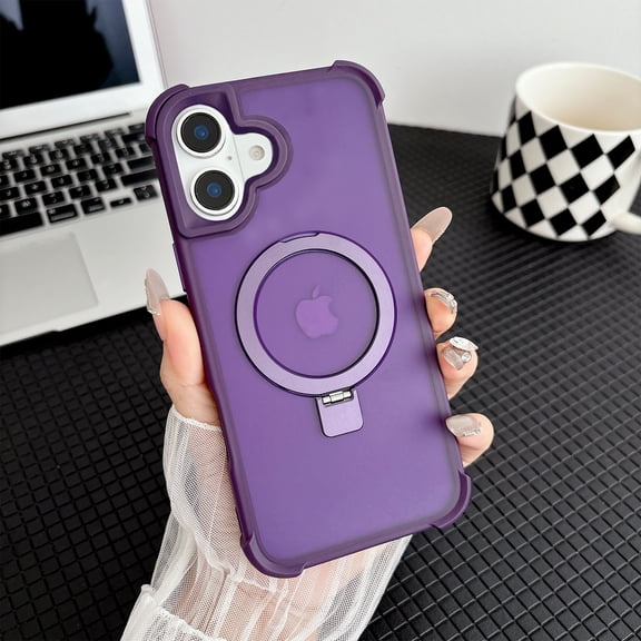 For iPhone 16 Case with Stand, Magnetic Case for MagSafe Charging, 180° Rotating Ring Kickstand Phone Cover, Slim Rugged Frosted Matte Back, Heavy Duty Shockproof Case, Purple
