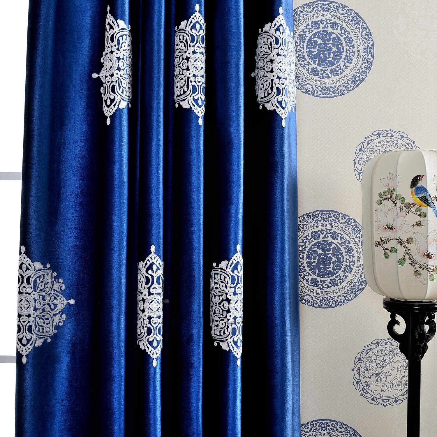 Embroidered Blackout Curtains for Living Room, Velvet Curtain Window Panels for Bedroom, 2 Panels, W52"xL96", Dark Blue