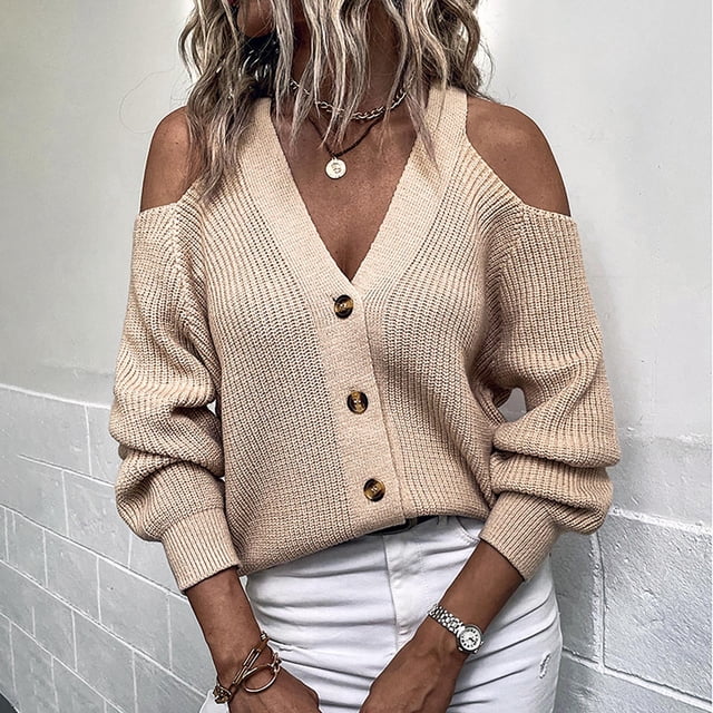 Aqestyerly Chandails à Col Montant pour Femmes Mode Hiver Manches Solides Bouton Col en V Décontracté