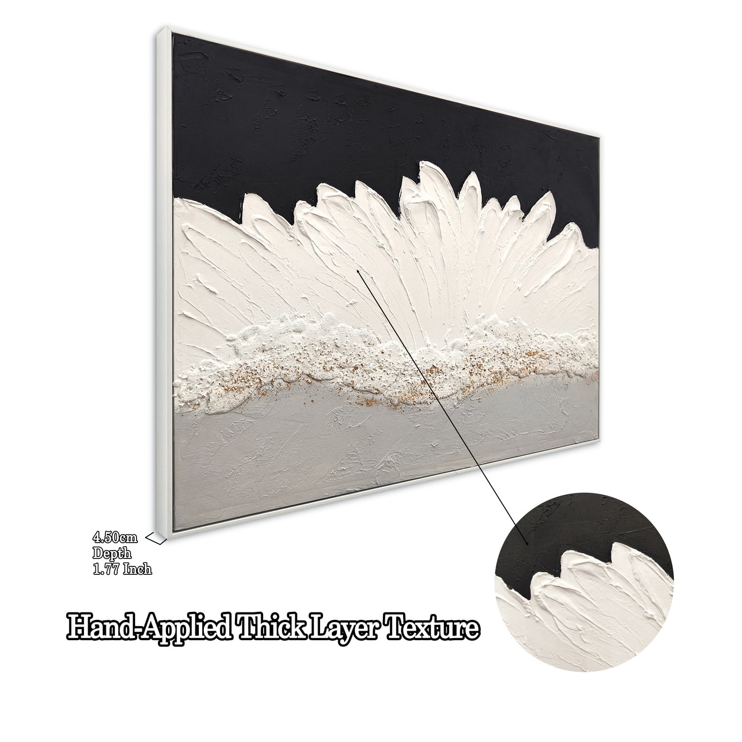 Euroco Framed Abstract Wall Art, 29x41 in Floral Textured Canvas Painting,Modern Decor Flower Picture Abstract Artwork for Living Room Bedroom,Black & White