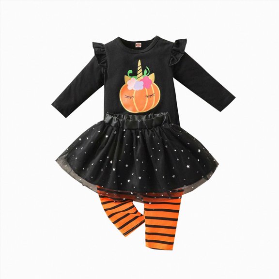 Halloween Girls Clothing Pumpkin Print Long Sleeved Top Long Pants Sequin Mesh Skirt Three Piece Set Kaprioy Girls Clothes Fall Winter