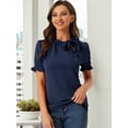 thumbnail image 2 of DARING DIVA Bow Tie Neck Office Elegant Short Sleeve Blouse Top M Dark Blue, 2 of 6