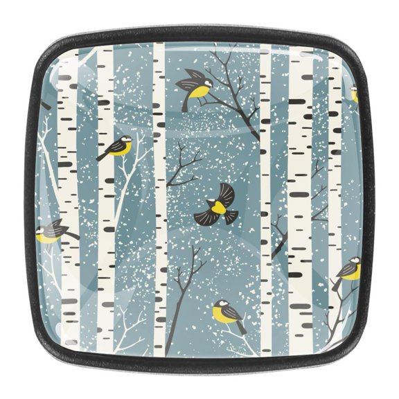 4 Pcs Square Cabinet Handle Cupboard Knob Drawer Pulls Handle Birch Trees and Birds Drawer Knobs with Screws Furniture Decoration