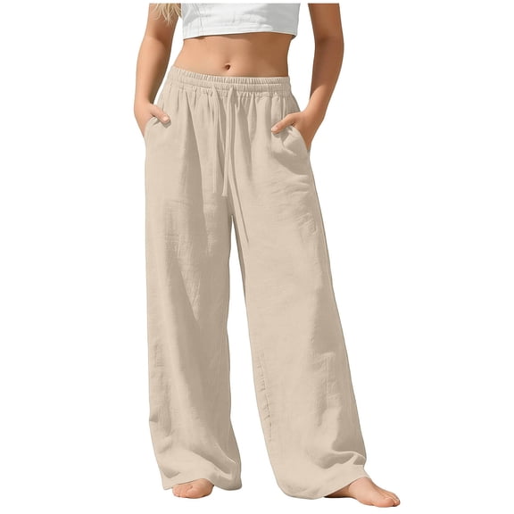 Girls Flowy Pants Girls Linen Pants Wide Leg School Uniform Pants Kids Elastic Waist Flowy Summer Beach Lounge Trousers with Pockets