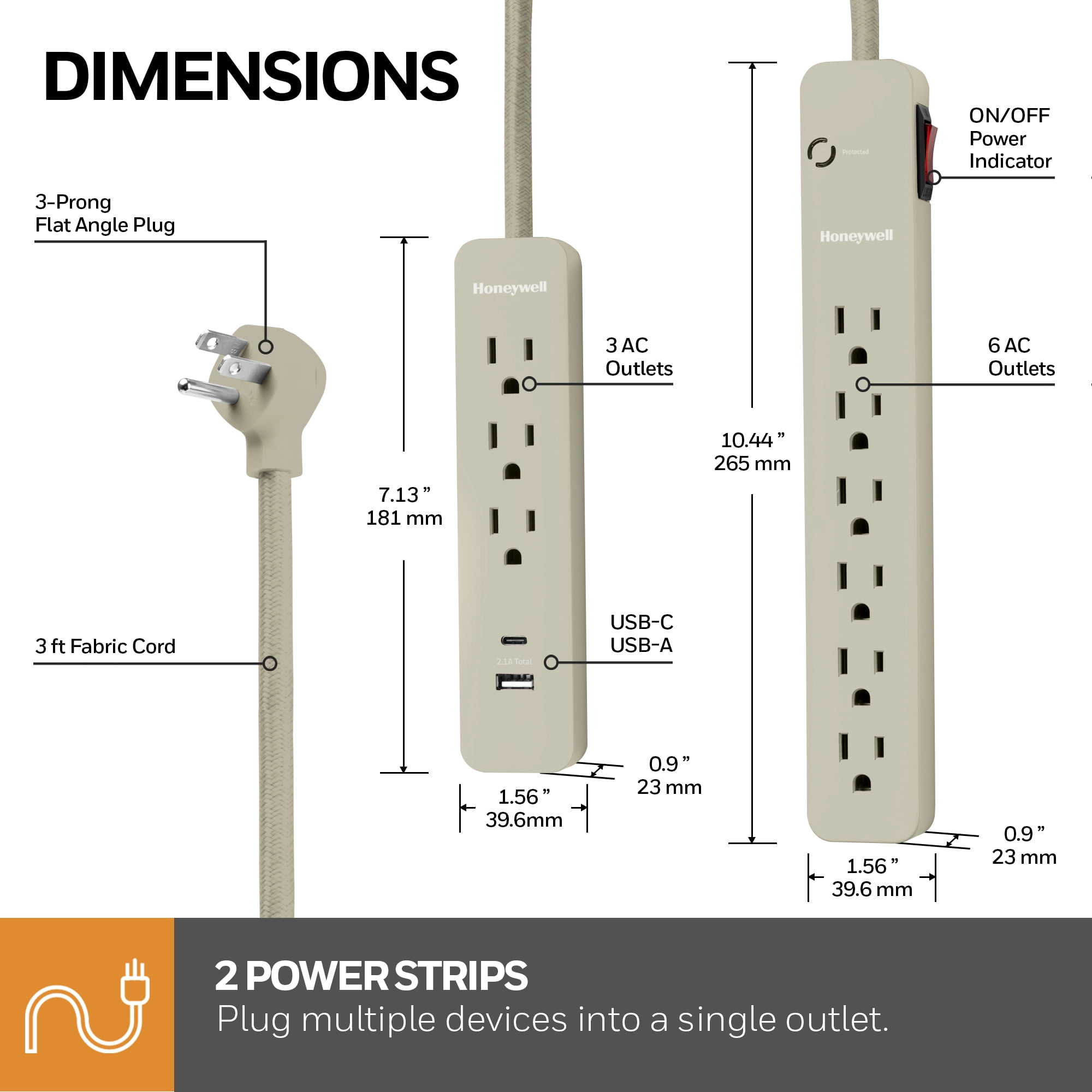 2-in-1 Pack Power Strips with Taupe Finish - 9 Outlets & USB Ports