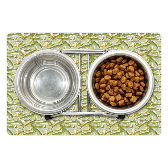 Banana Pet Mat for Food and Water, Digital Illustration of Tropical Fruit with Leaves Exotic, Non-Slip Rubber Mat for Dogs and Cats, 18" X 12", by Ambesonne