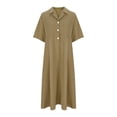 thumbnail image 4 of Women's Button Front Pleated Shirt Casual Dress V-Neck Simple Casual Loose Flowy Shift Dress, 4 of 6