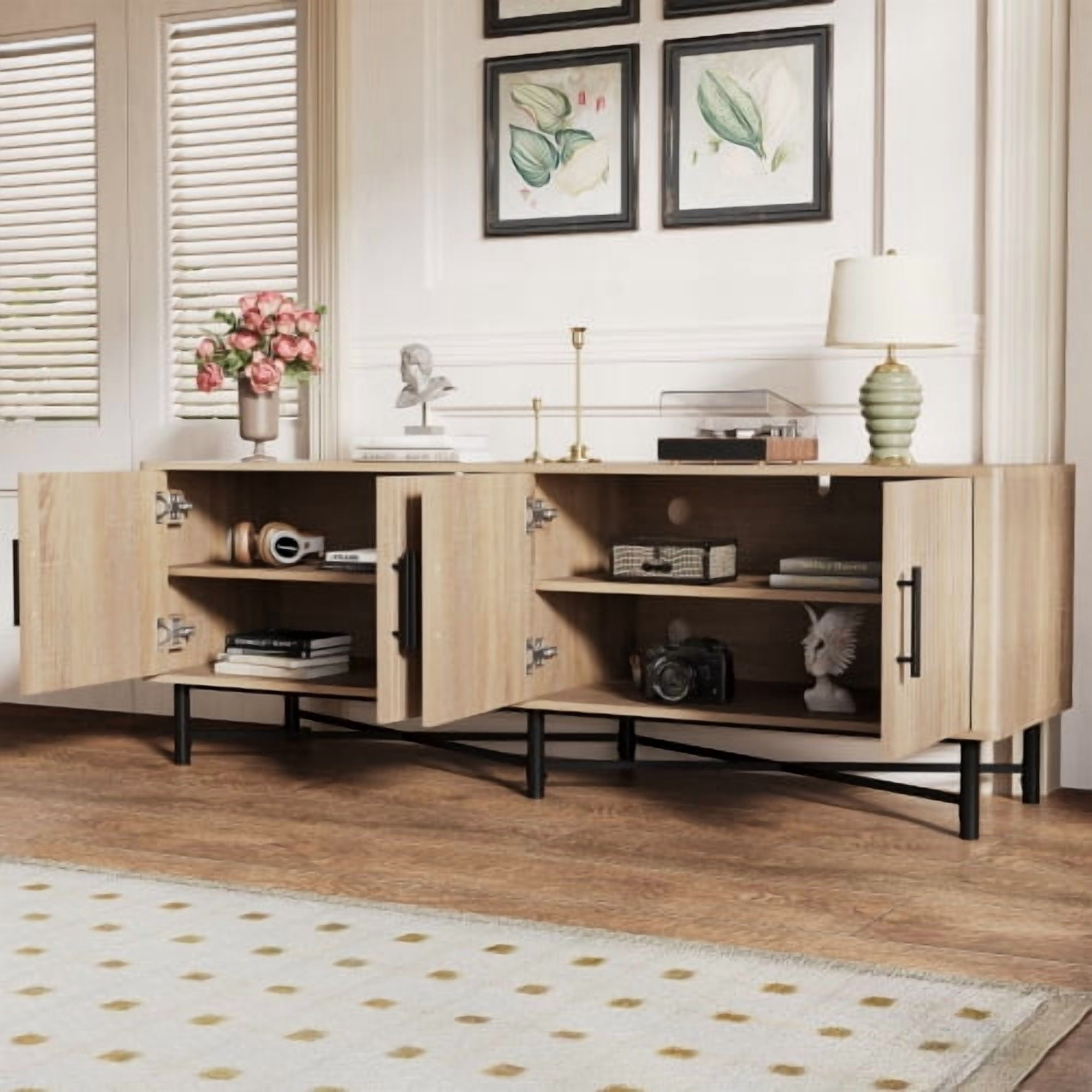 Functional 4-Door TV Cabinet, Modern Natural Entertainment Center with Adjustable Shelves, Cable Management, Iron Legs, Storage for Living Room, Fits 65 Inch TV, 66"x18"x23", Easy Assembly