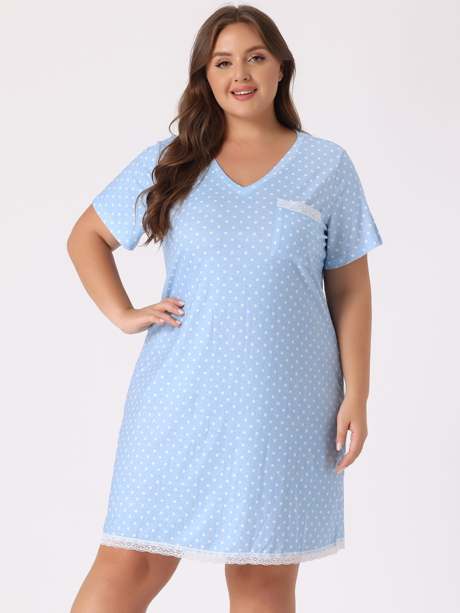 DARING DIVA Women's Plus Size Soft Short Sleeve Lace Trim Pajama Dress 2X Light Blue
