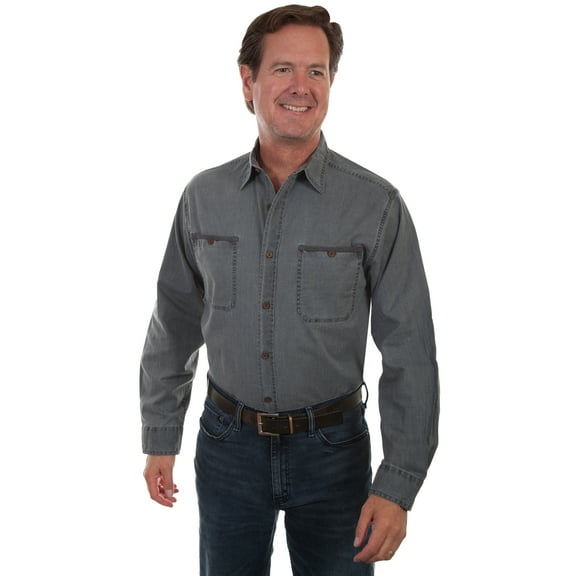 Scully TR-076-CHA-XXL Mens 100 Percent Cotton Slub Long Sleeve Shirt, Charcoal - 2XL
