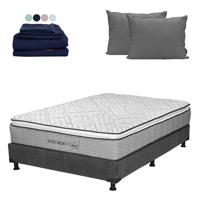Colchón Matrimonial Dicasa Vail + Box Base Cama + Almohada 2Pack + Sábanas Softy