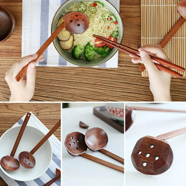 4PCS Japanese Ramen Wooden Soup Spoon with Long Handle, Handcrafted Wooden  Soup Ladle with Wooden Slotted Spoon for Ramen, Wood Hot Pot Spoon and Wood