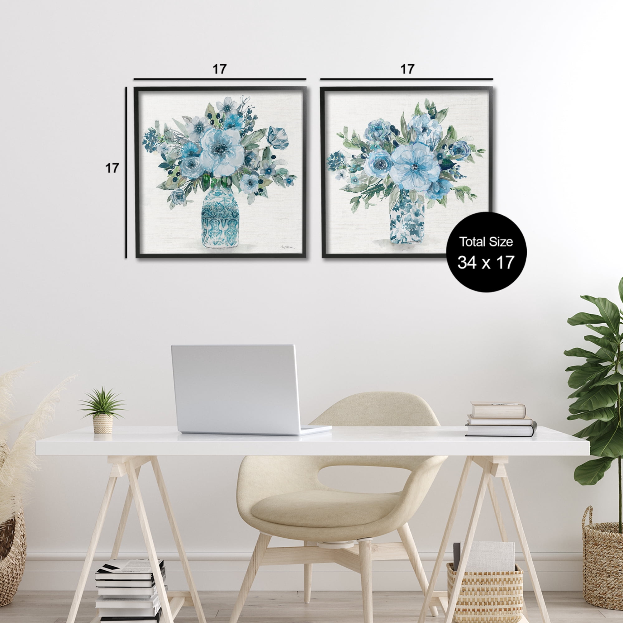 Stupell Industries Pastel Blue Floral Vase Arrangements 2 Piece Black Framed Giclee Art Set, design by Carol Robinson