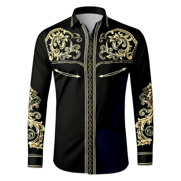 SXCXLSA Western Shirts For Men Cowboy Embroidered Long Sleeve Button Collar Shirt Regular Fit Business Casual Blouse With Floral Design Black L