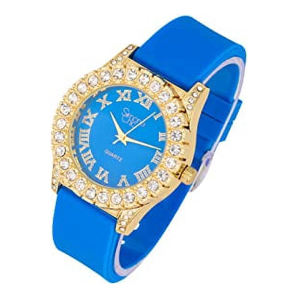 Simone Chic. Women's Big Rocks Fully Iced Bezel Colored Dial w/Easy Reader Roman Numerals Colorful Rubber Band Watch - ST10357LA (4pcSet Gld Bright Blue)