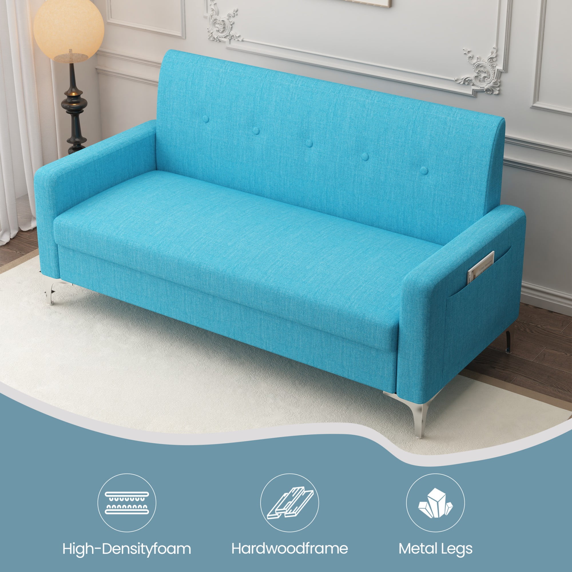 Aukfa Loveseat Sofa Couch with Storage Underneath, Small Couch for Bedroom, Living Room, Dorm, Blue