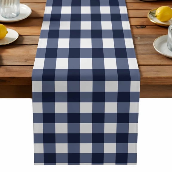 Navy Blue Check Cotton Linen Table Runner for Dining Kitchen, Farmhouse Buffalo Plaid Blue Wedding Outdoor Party Tablerunners Decoration, Dresser Scarf Coffee Tablecloth Runners 13x120 Inches