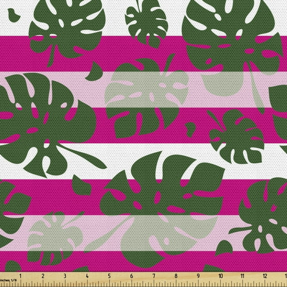 Exotic Fabric by the Yard Upholstery, Creative Pattern of Big Leaves on a Horizontally Striped Background, Decorative Fabric for DIY and Home Accents, Magenta Hunter Green by Ambesonne