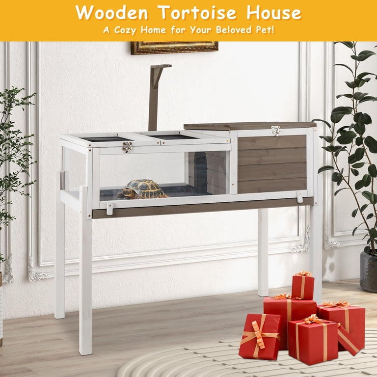 Large Tortoise Habitat Enclosure With Detachable Legs - Wooden Reptile Cage With Leakproof Tray For Indoor & Outdoor Use