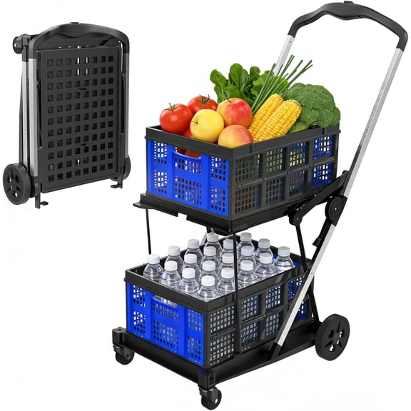 Foldable Grocery Cart with Wheels and Removable Storage Crate, Collapsible Shopping Cart, 2-Tier Portable Utility Cart for Home, GroceriesSupermarket