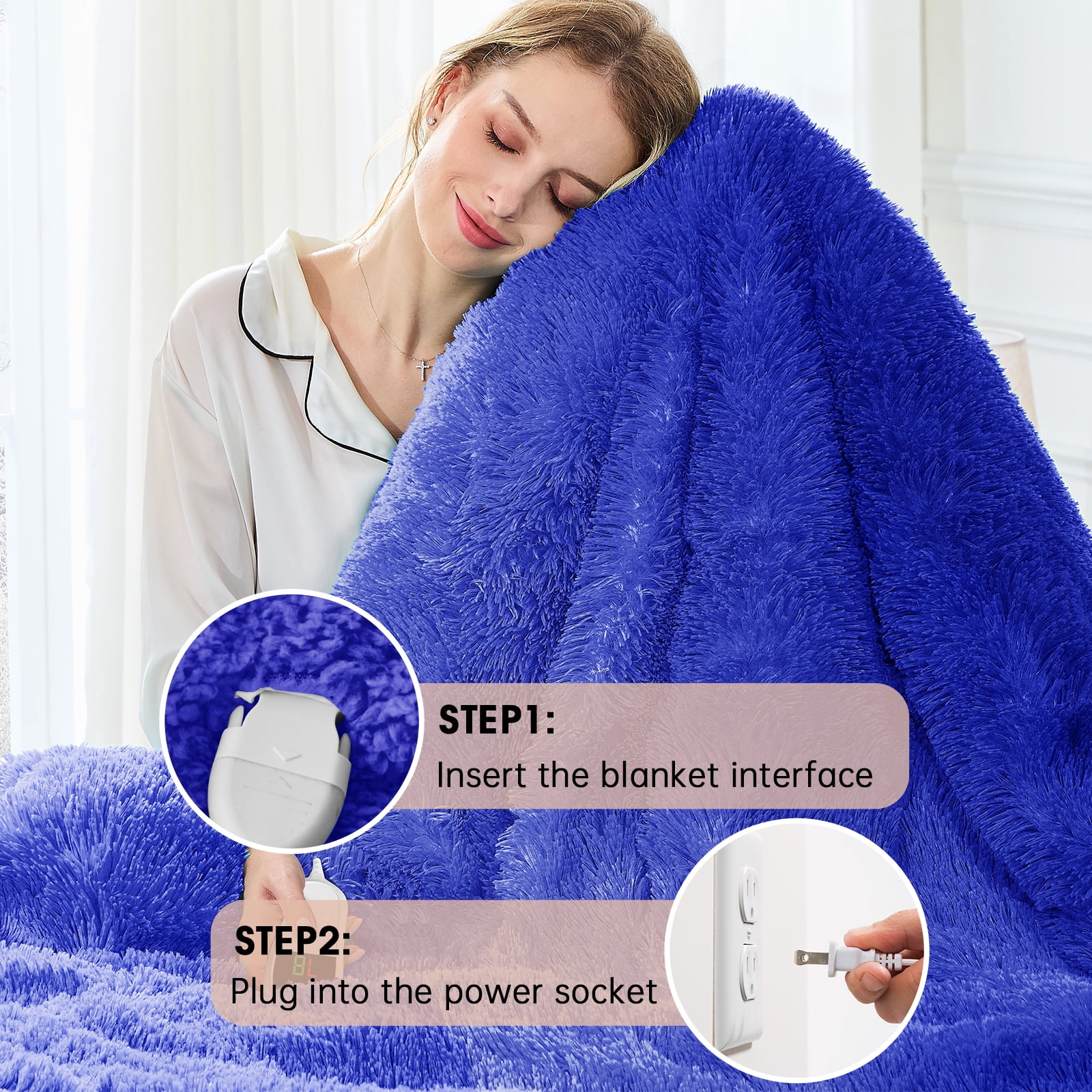 PMONPA Heated Blanket for Adult, Soft Faux Fur & Sherpa Electric Blanket, Fast-Heating with 10 Heating Levels & 5 Options Auto off, 51"x 61", New Blue