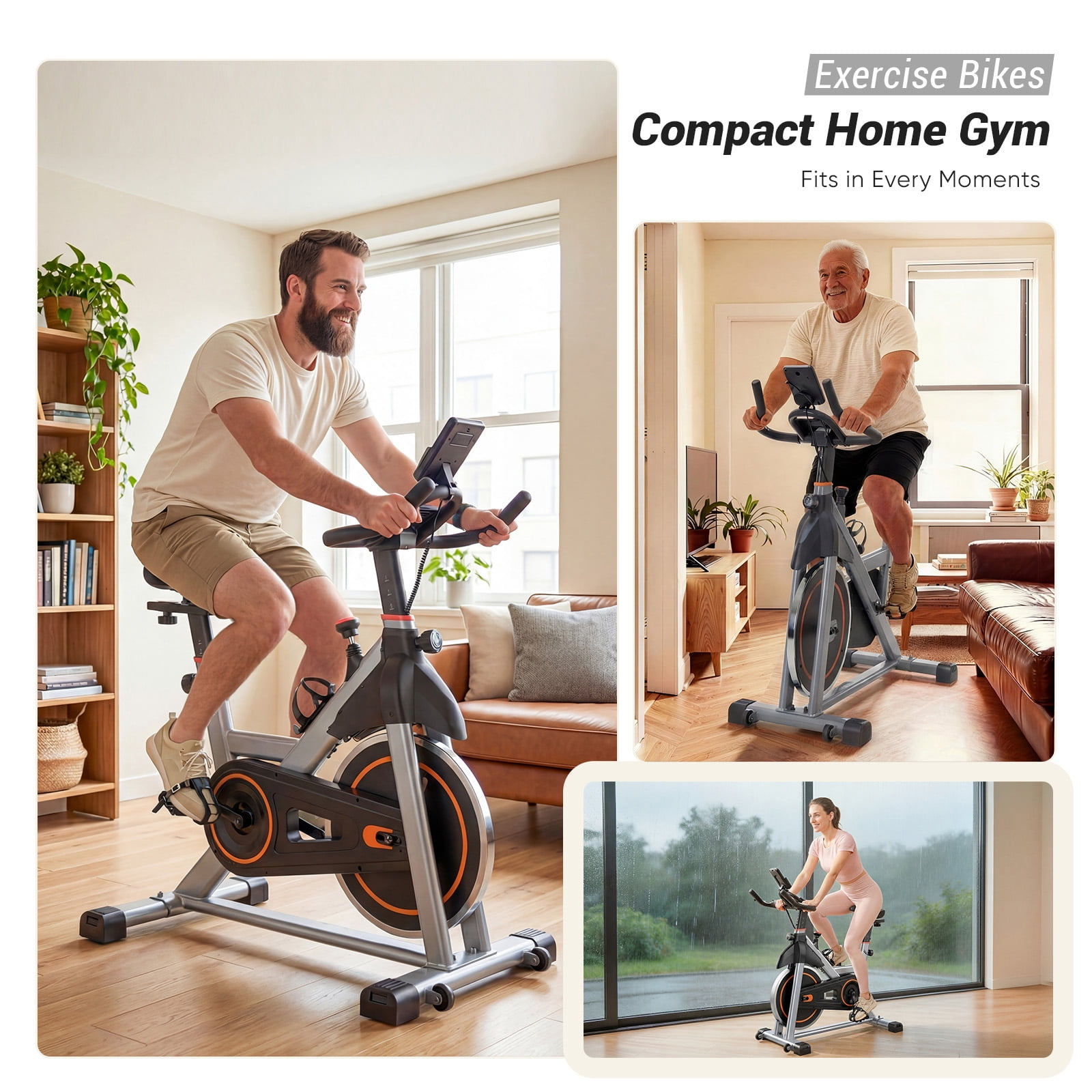 SHOUFTW Home Exercise Bike with APP Control, Magnetic Resistance Bike, Quiet Indoor Stationary Cycle 265lb Capacity, Silver Orange