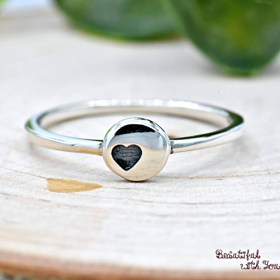 SS DESIGNS 925 Sterling Silver Heart Engraved Disc Promise Ring, Handmade Geometric Flat Disk Ring for Women, Personalized Silver Love Ring