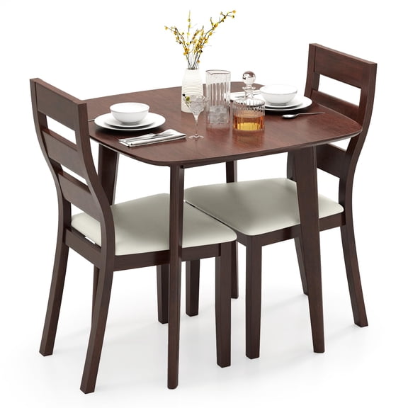 Standard 3-Piece Dining Table Set For 2, Wooden Square Table With 2 Ladder Back Chairs, Padded Seat, Space-Saving Dinette