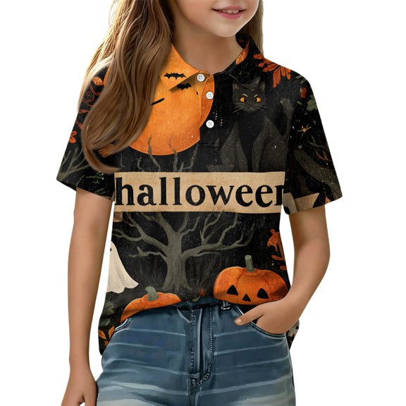 Kids Halloween Polo Shirts Cute Cartoon Gothic Graphic Shirts for Girls Button Up Short Sleeve Shirts for Boys Fall Funny Holiday Golf Polos
