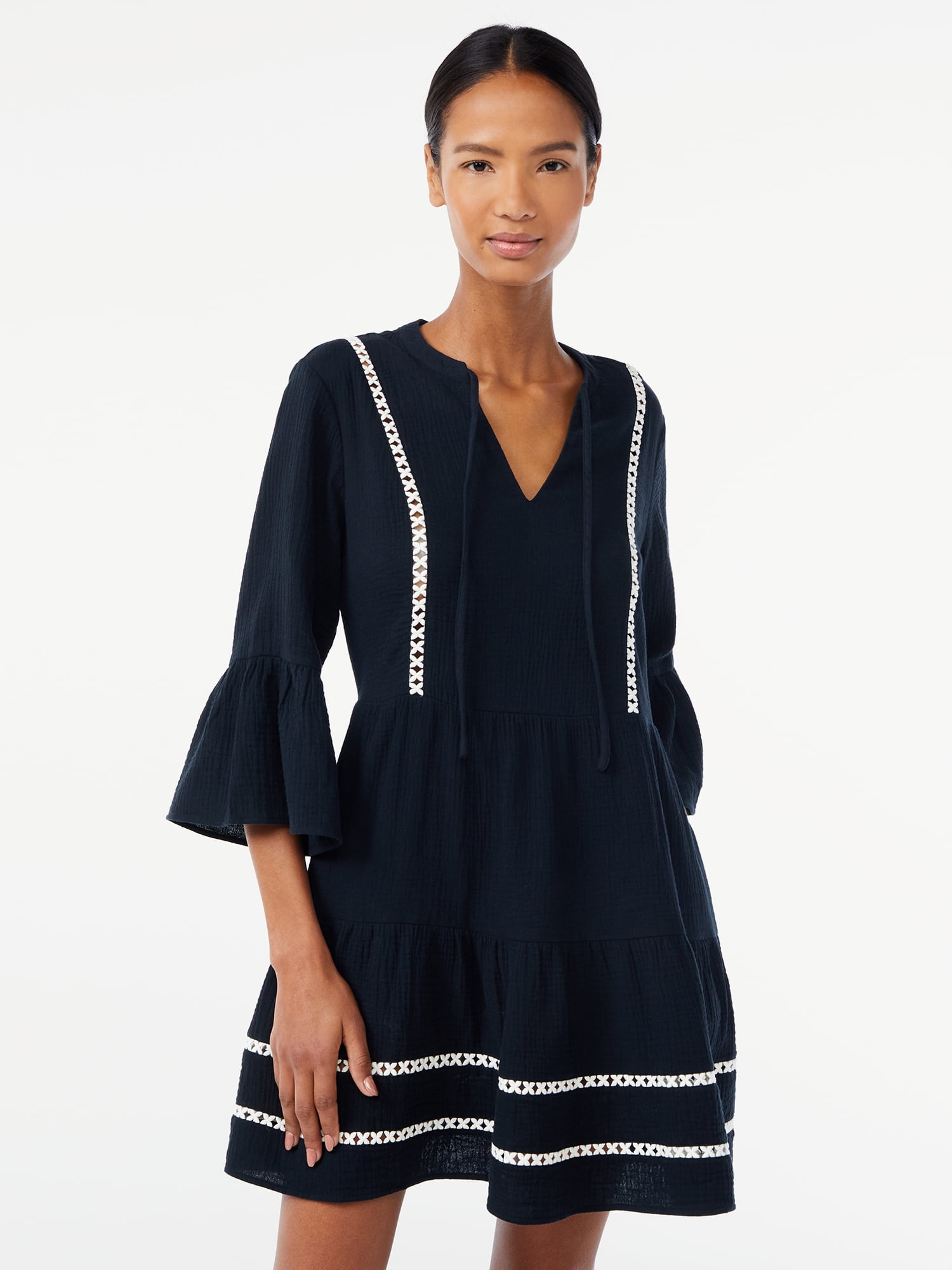 Scoop Women's Lace Trimmed Mini Dress with ¾ -Length Sleeves