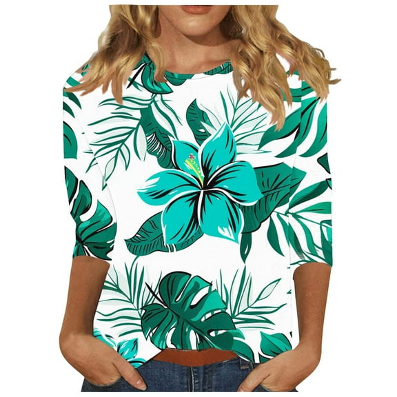 NuoCaiYun 3/4 Sleeve T-Shirt for Ladies, Fashionable Women'S Pullover Hawaiian Printed Casual Round Neck 3/4 Sleeve Tops